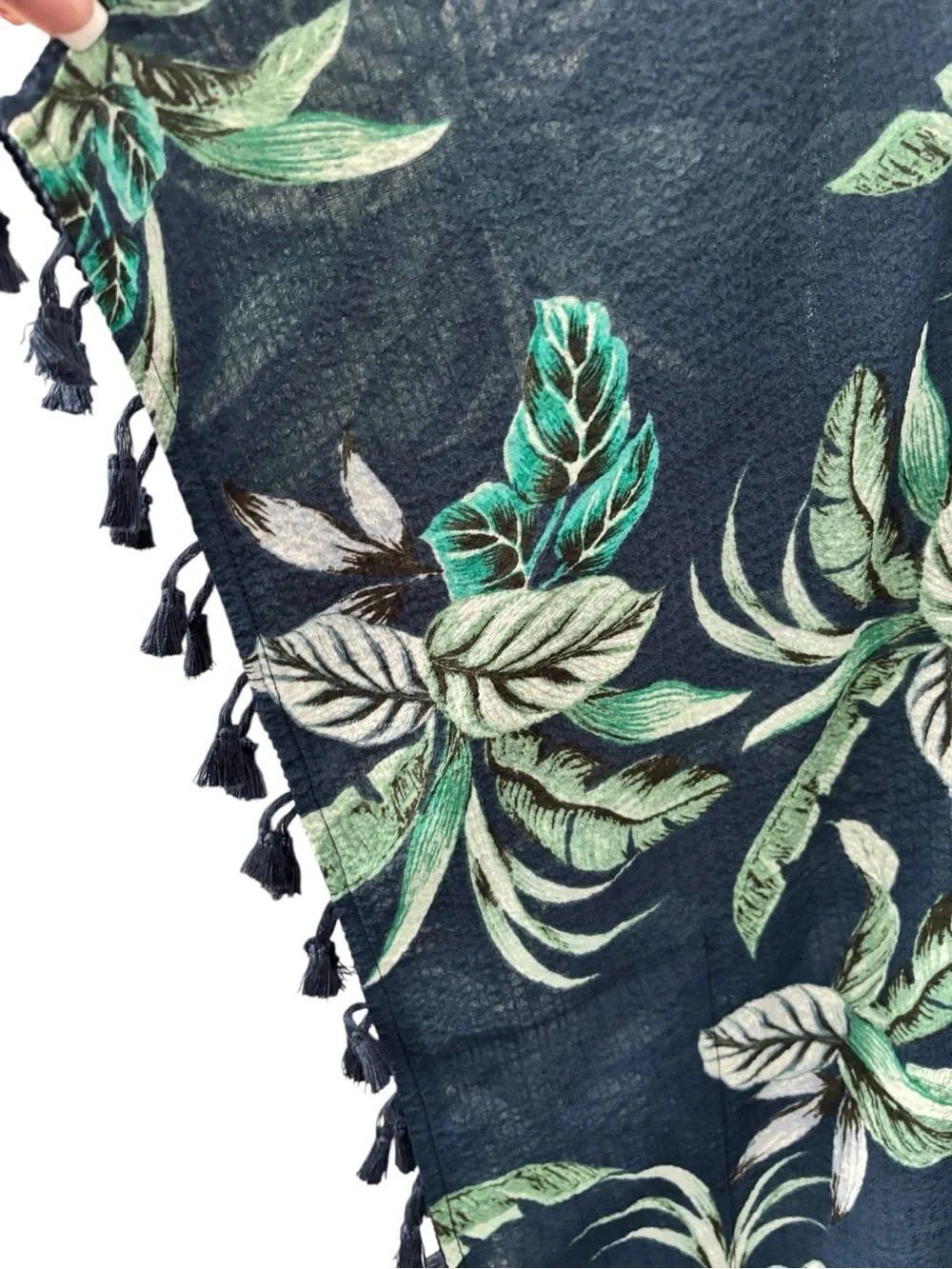 Navy Tropical Leaf V-Neck Swim Coverup with Tassel Trim